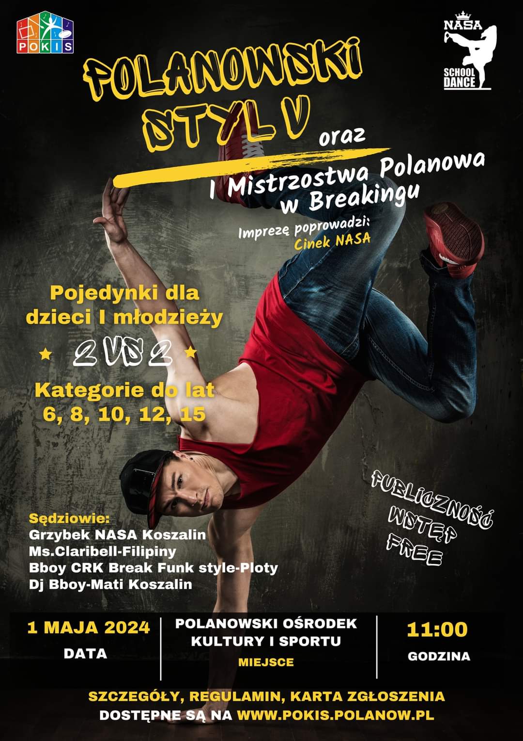 Plakat z zaproszeniem na 1 Mistrzostwa Polanowa w Breakingu 1 maja 2024 w Polanowie