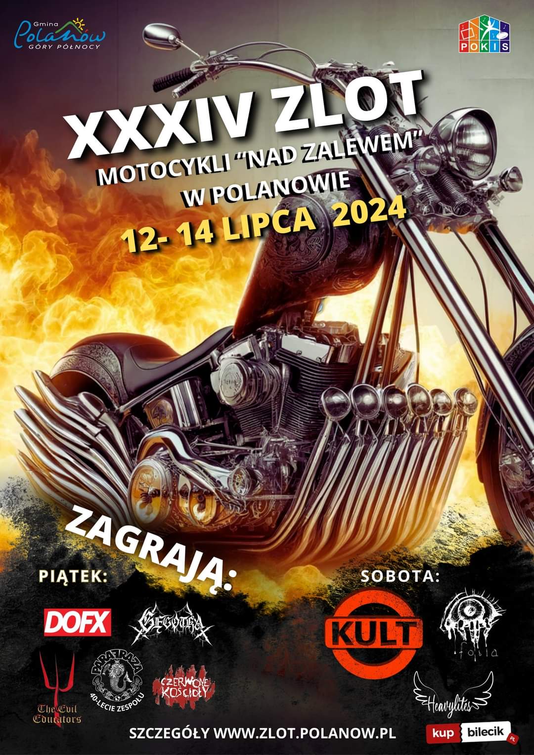 Plakat z zaproszeniem na 34.zlot motocykli nad zalewem w Polanowie 12 do 14 lipca 2024