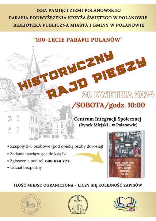 Plakat z zaproszeniem na Historyczny Rajd Pieszy w Polanowie 20 kwietnia 2024