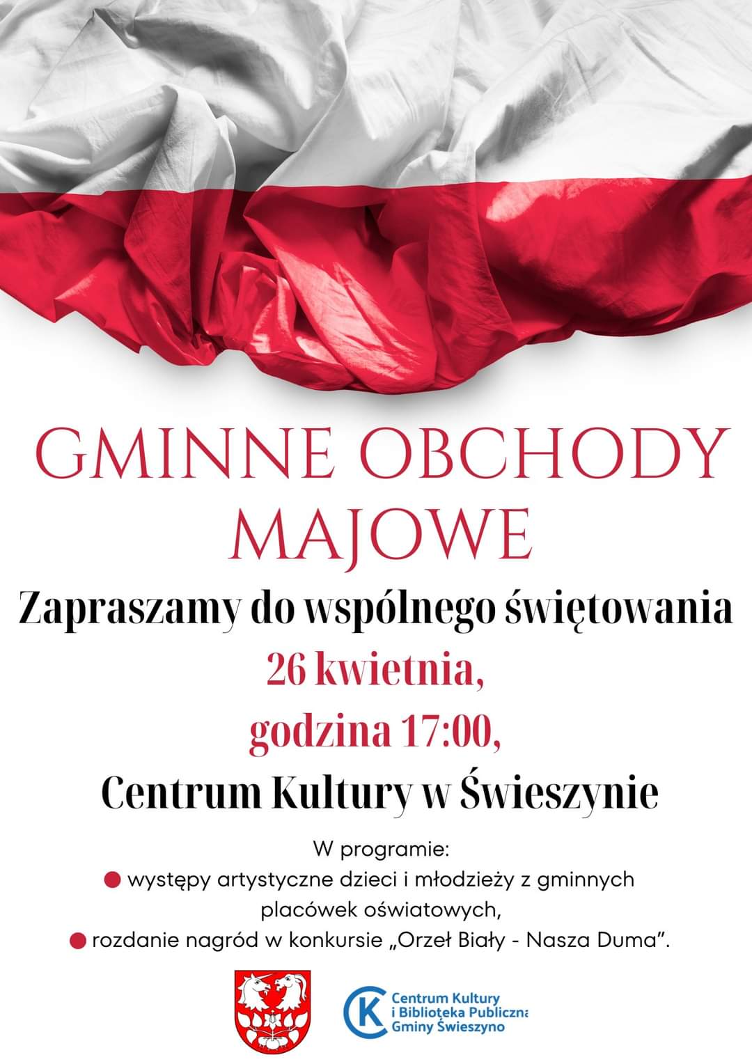 Plakat z zaproszeniem na gminne obchody majowe w Świeszynie 26 kwietnia 2024