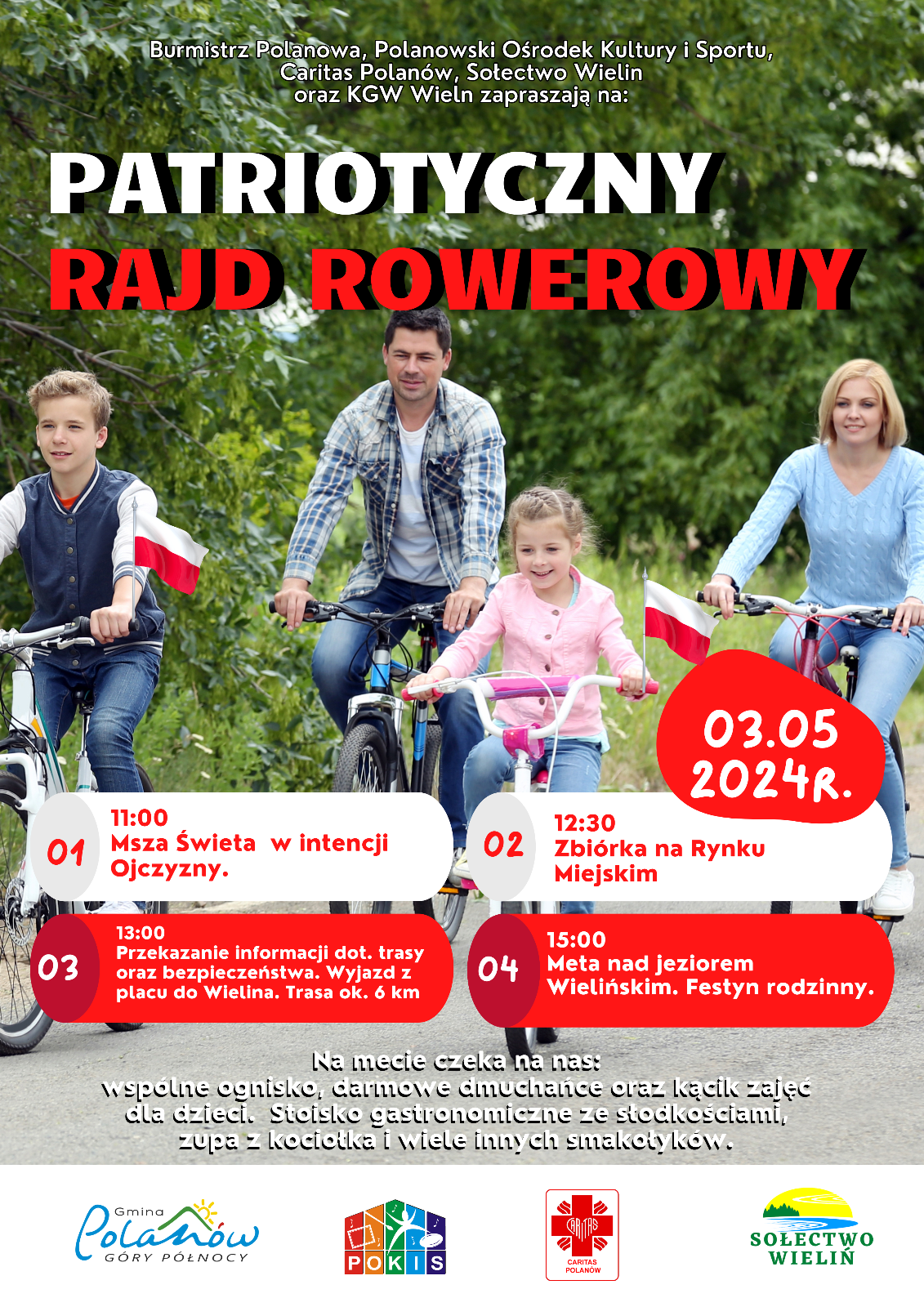 Plakat z zaproszeniem na patriotyczny rajd rowerowy w Polanowie 3 maja 2025