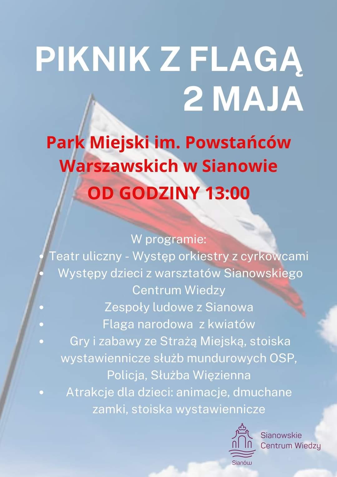 Plakat z zaproszeniem na piknik z flagą 2 maja 2024 w Sianowie