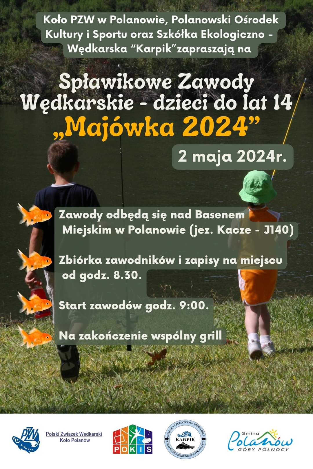 Plakat z zaproszeniem na spławikowe zawody wędkarskie w Polanowie 2 maja 2024