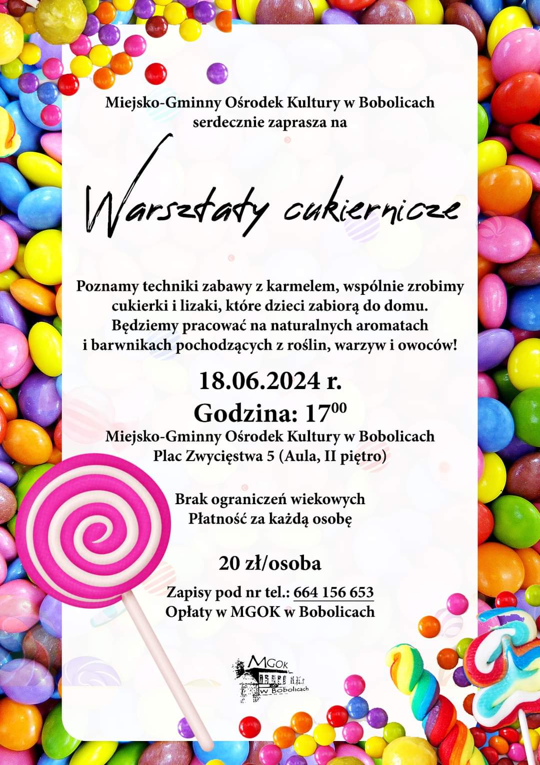 Plakat z zaproszeniem na warsztaty cukiernicze w Bobolicach 18 czerwca 2024
