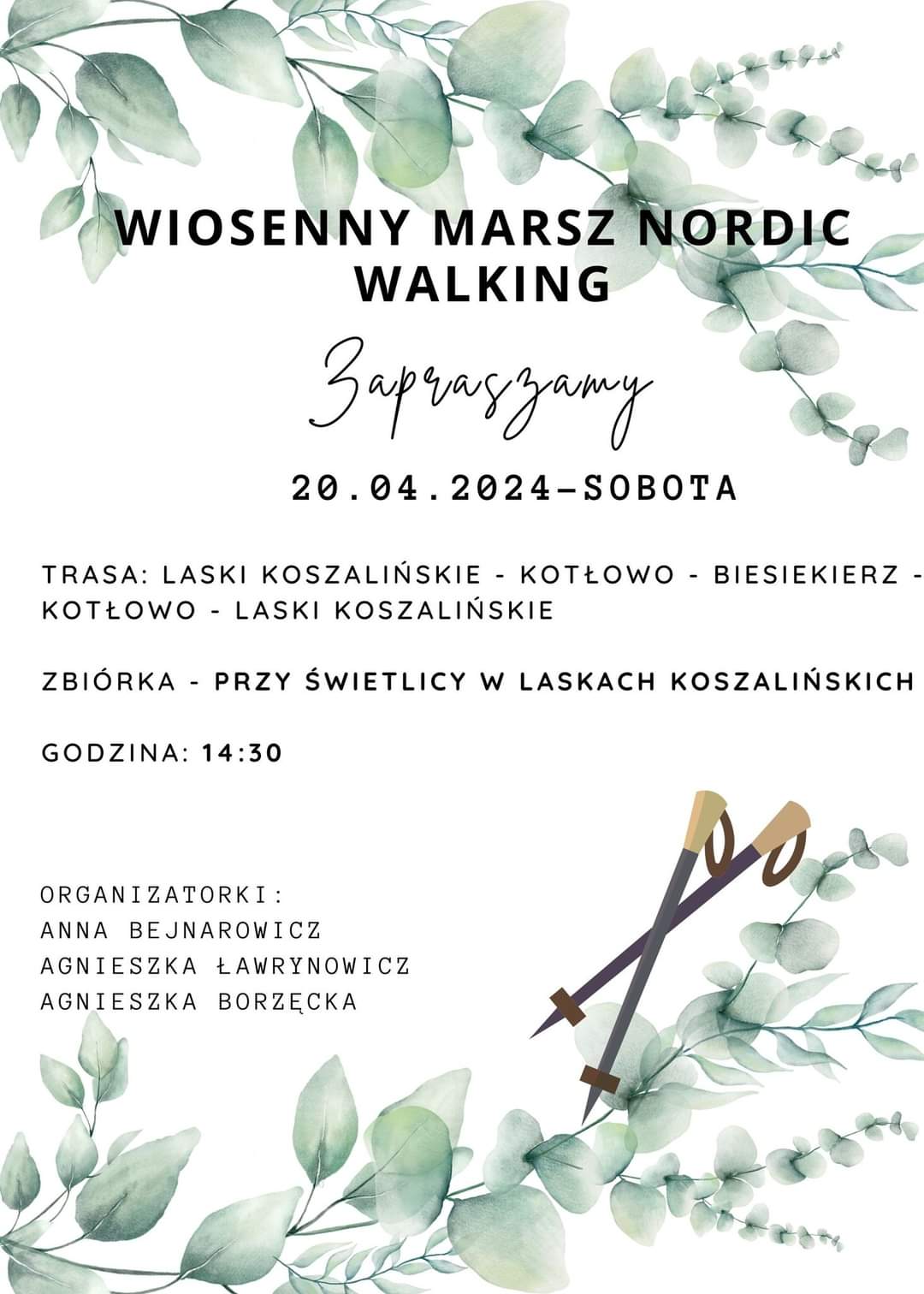 Plakat z zaproszeniem na wiosenny marsz nordic walking 20 kwietnia 2024