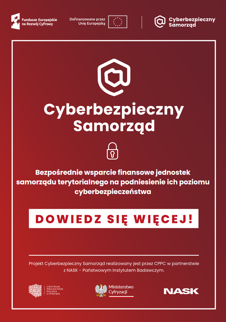 Plakat informujący o grancie Cyberbezpieczny Samorząd