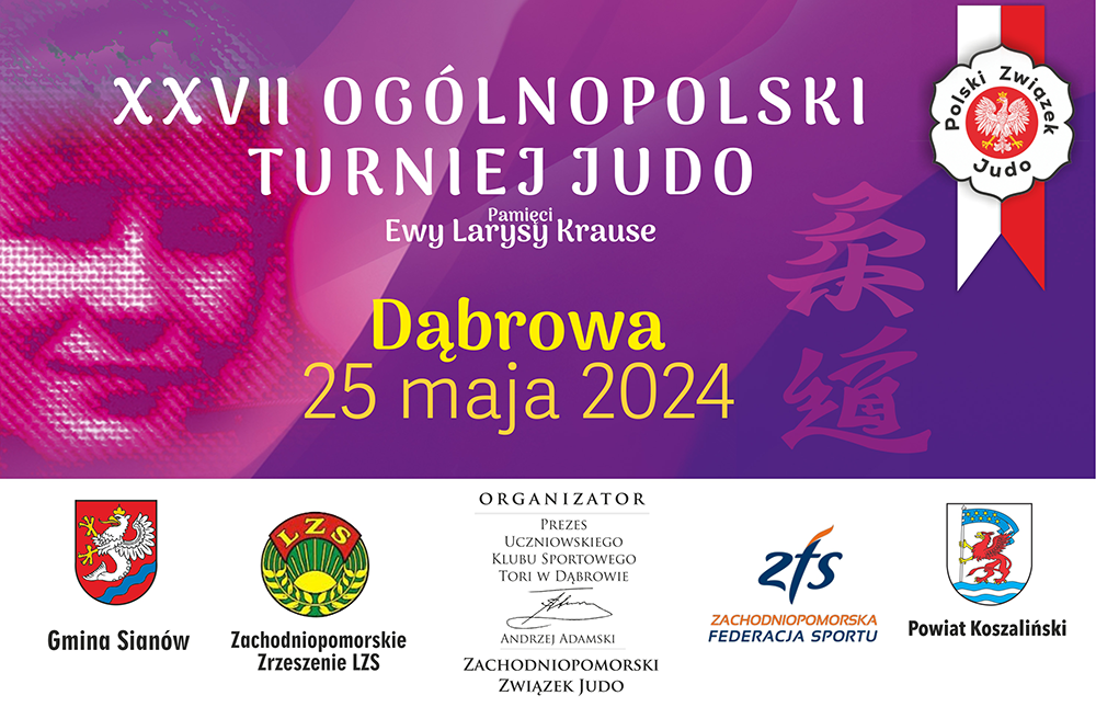 Baner infomujący o wydarzeniu 27. Ogólnopolski Turniej Judo w Dąbrowie 25.05.2024 r.