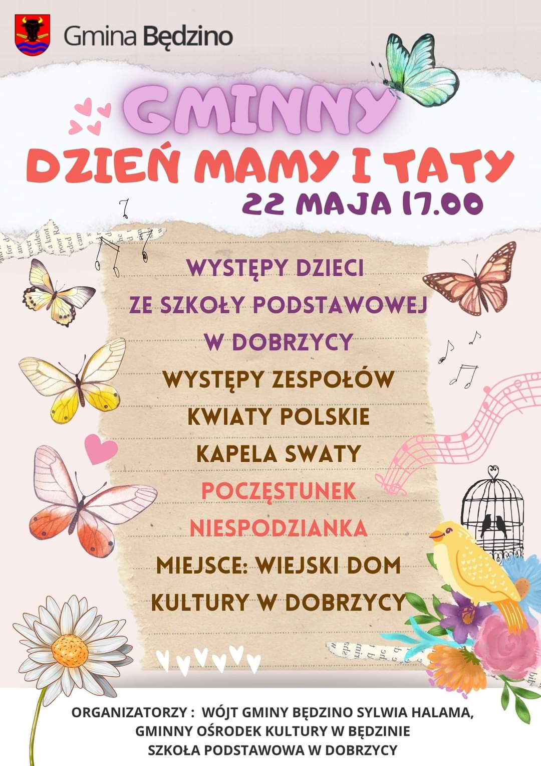 Plakat z zaproszeniem do udziału w gminnym dniu mamy i taty w Dobrzycy w dniu 22 maja 2024