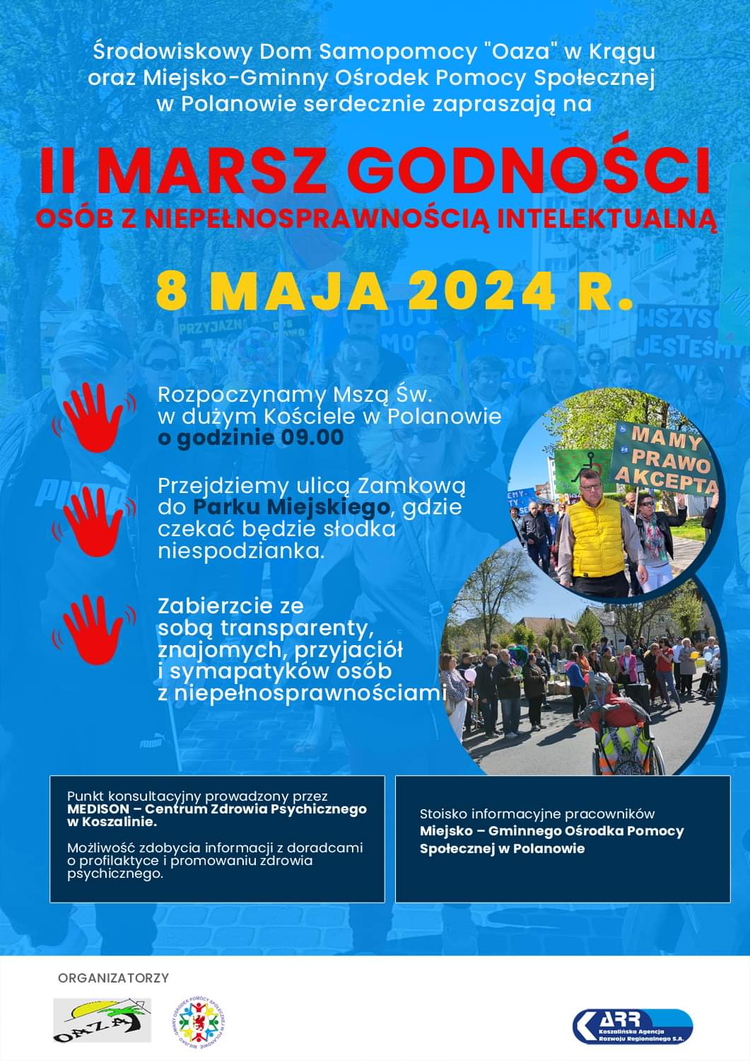 Plakat z zaproszeniem do udziału w marszu godności osób z niepełnosprawnością intelektualną 8 maja 2024 Polanów