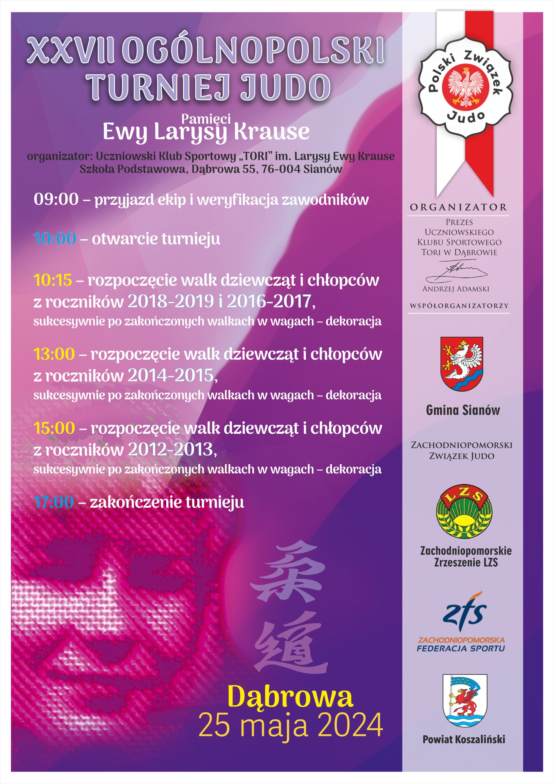 Plakat z zaproszeniem na 27. Ogólnopolski Turniej Judo w Dąbrowie gmina Sianów 25.0.2024