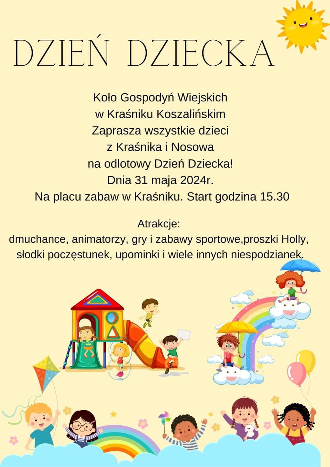 Plakat z zaproszeniem na Dzień Dziecka w Kraśniku Koszalińskim 31 maja 2024