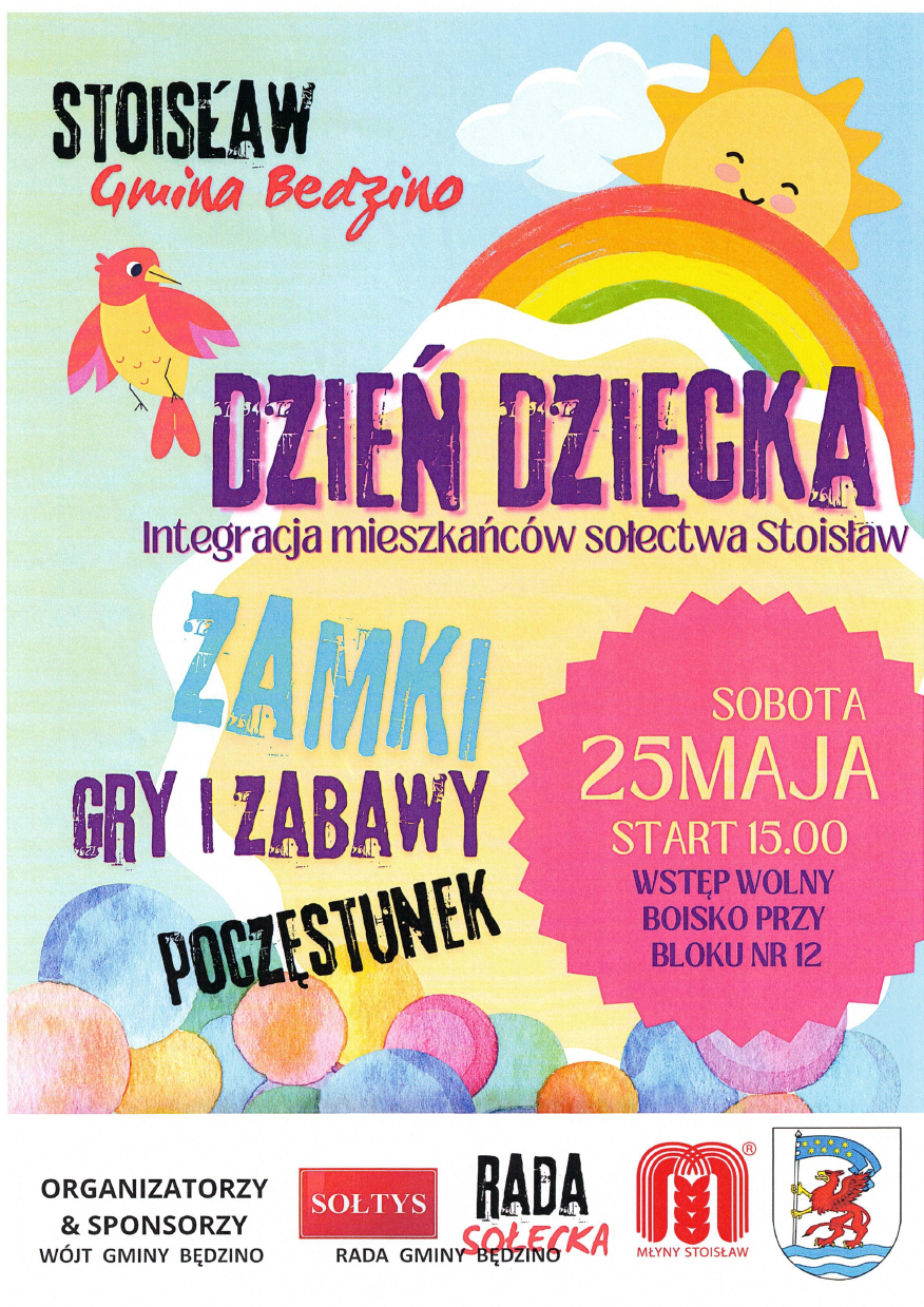 Plakat z zaproszeniem na Dzień Dziecka w Stoisławiu 25.05.2024