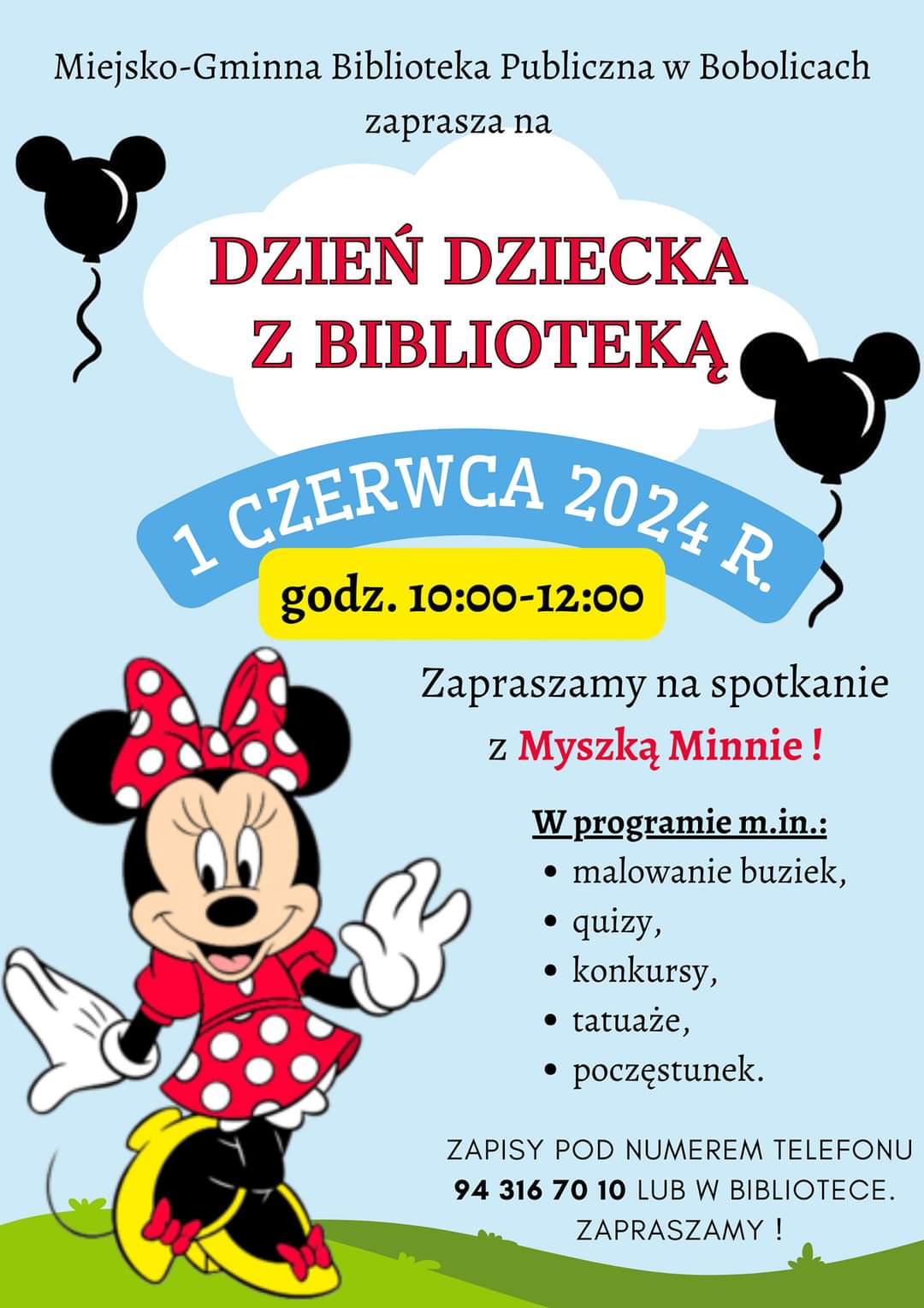 Plakat z zaproszeniem na Dzień Dziecka z Biblioteką 1 czerwca 2024 Bobolice