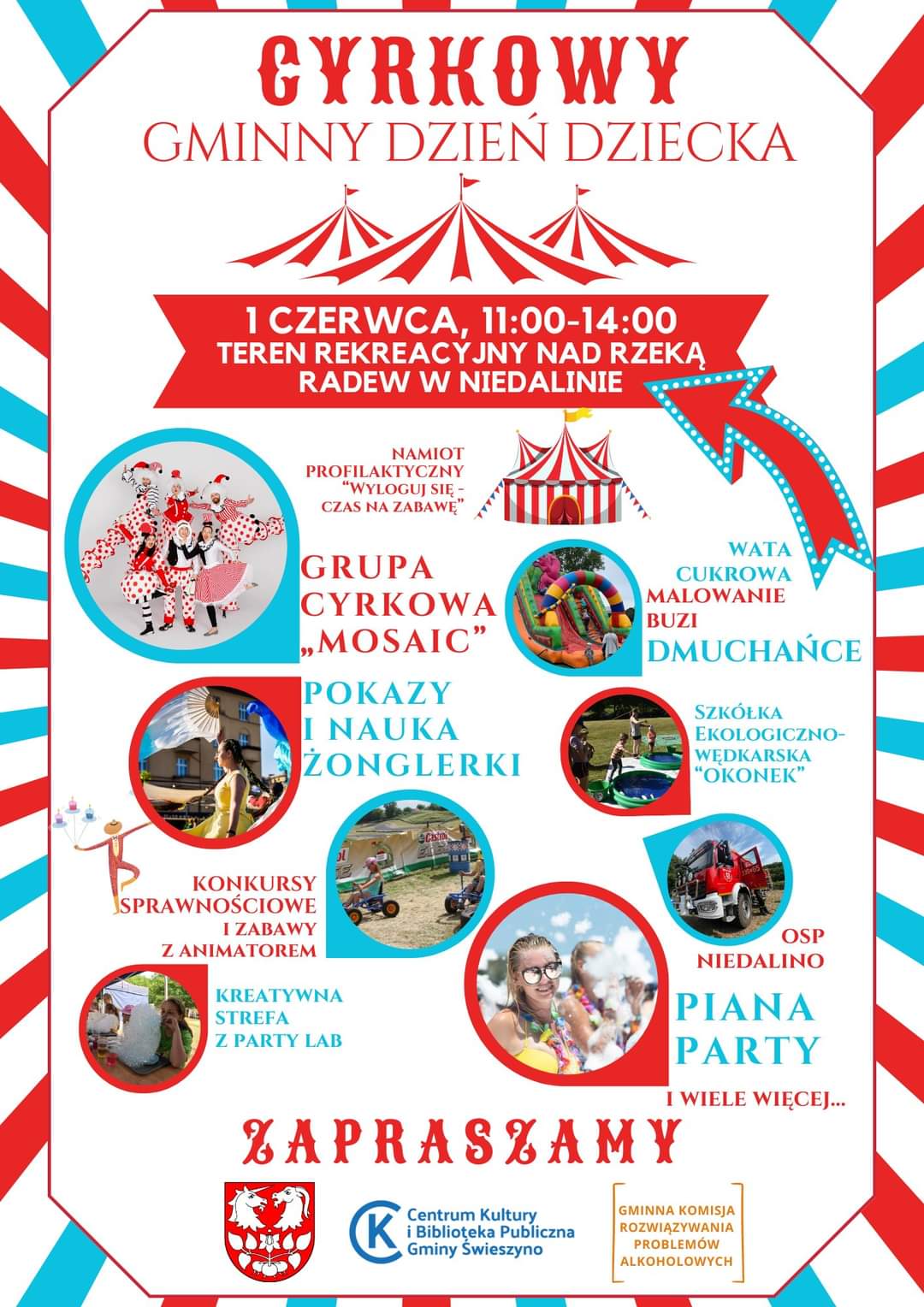 Plakat z zaproszeniem na cyrkowy gminny dzień dziecka w Niedalinie 1 czerwca 2024