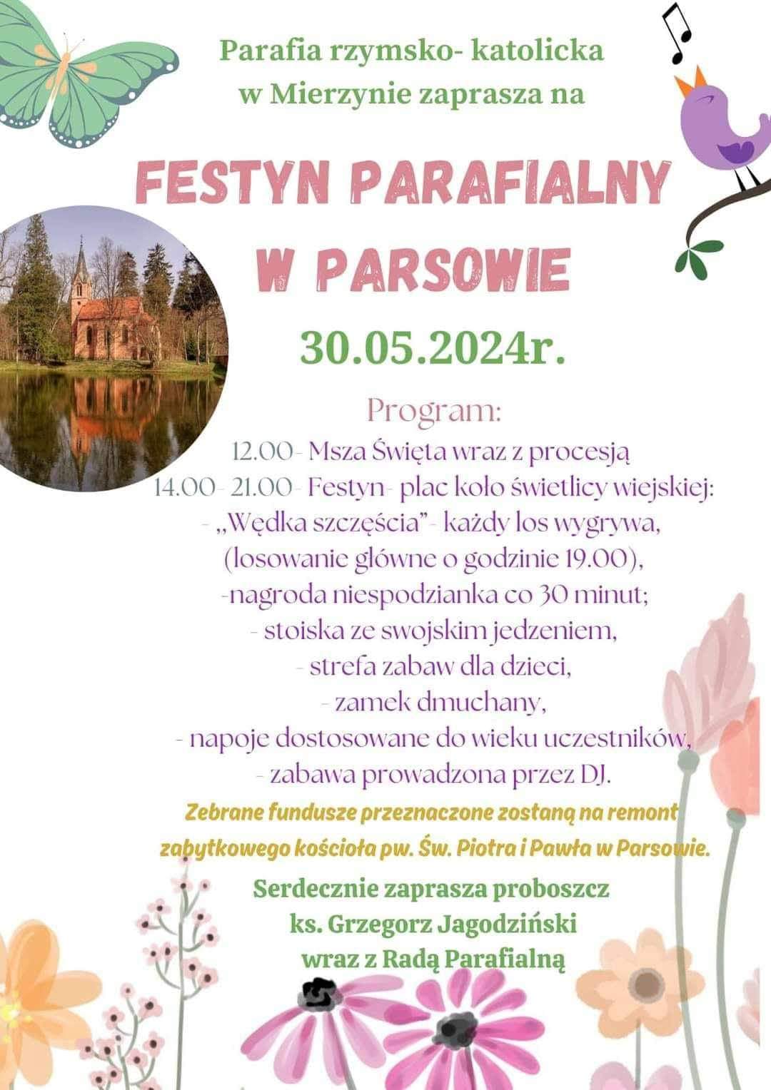 Plakat z zaproszeniem na festyn parafialny w Parsowie 30 maja 2024