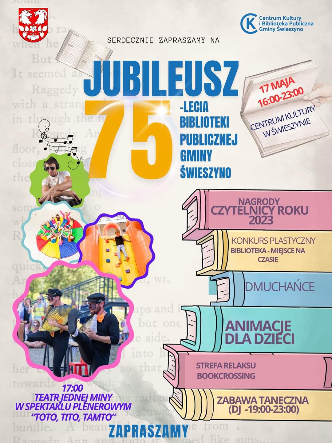 Plakat z zaproszeniem na jubileusz 75.lecia Biblioteki Publicznej Gminy Świeszyno 17 maja 2024