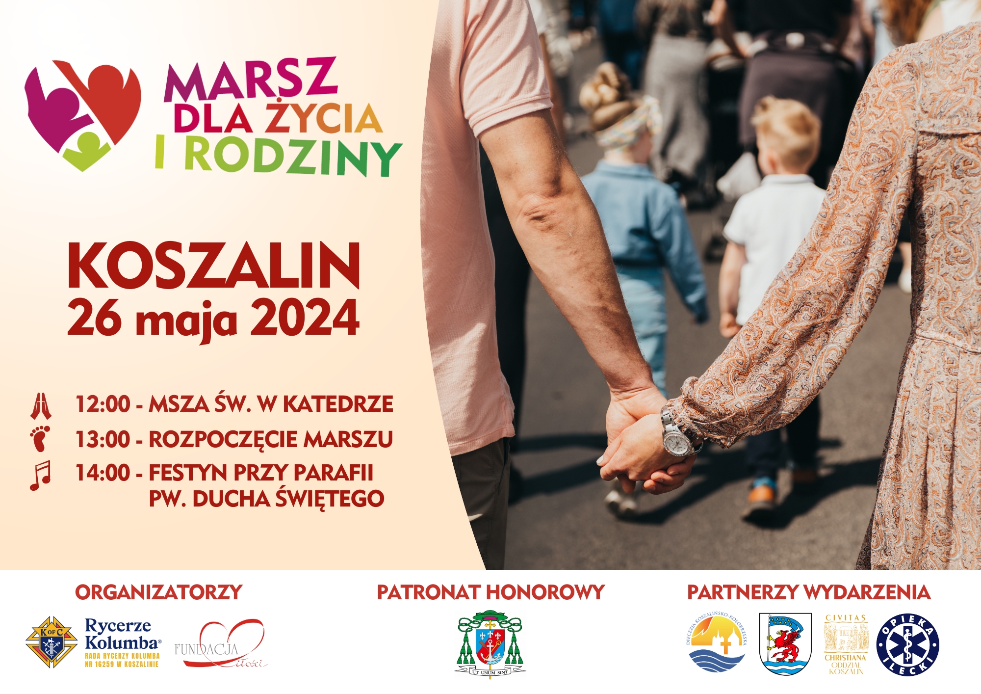 Plakat z zaproszeniem na marsz dla życia i rodziny 26 maja 2024 w Koszalinie