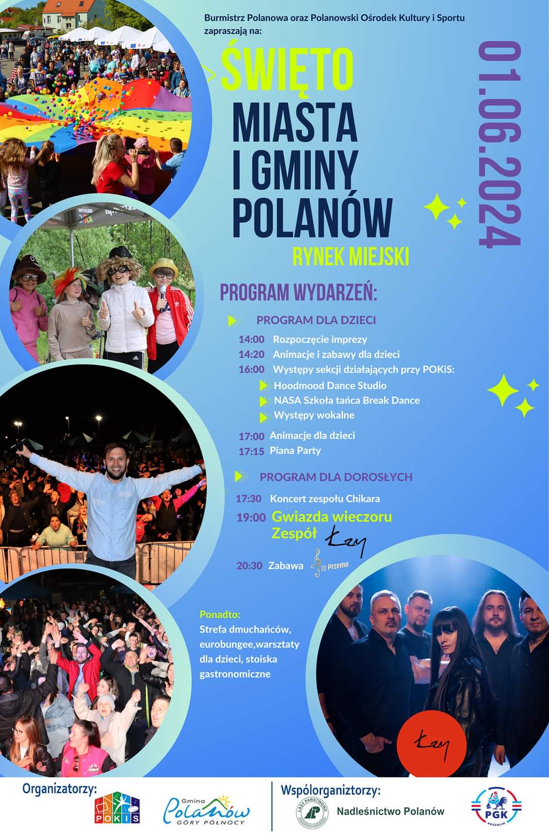 Plakat z zaproszeniem na obchody święta miasta i gminy Polanów 1 czerwca 2024