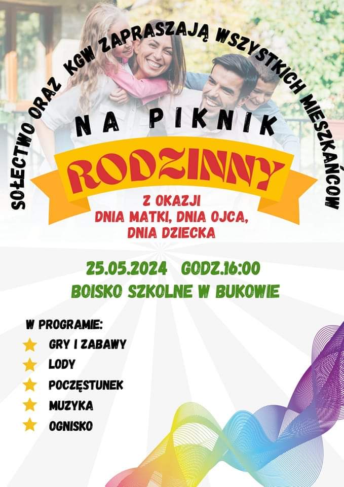 Plakat z zaproszeniem na piknik rodzinny w Bukowie 25 maja 2024