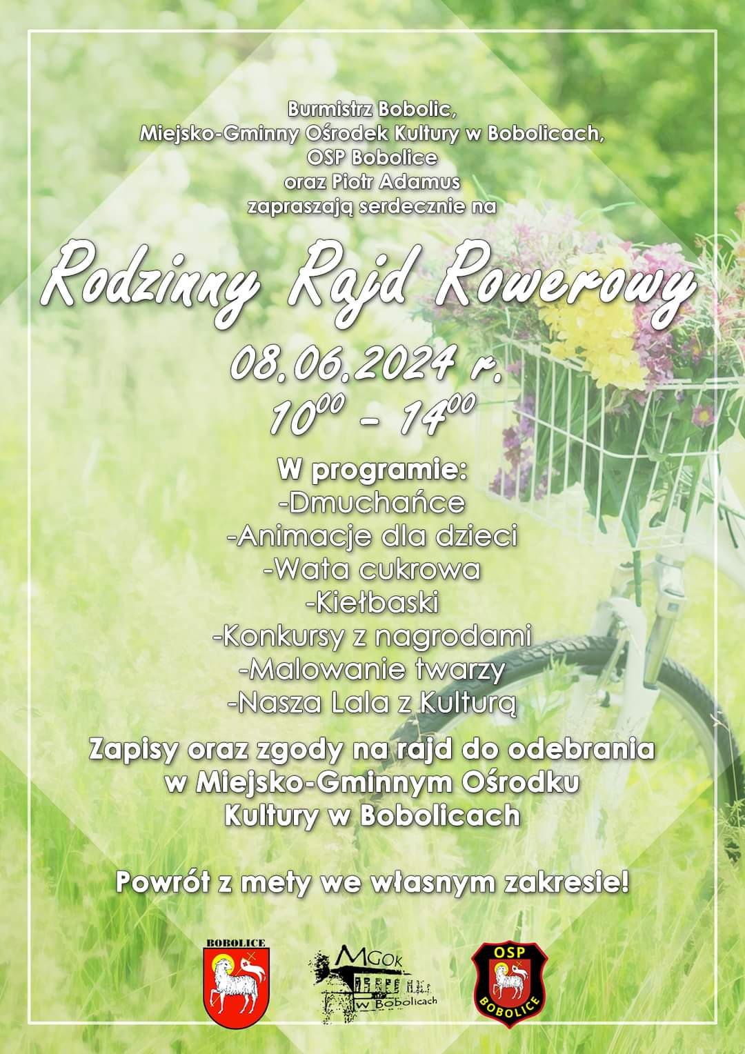 Plakat z zaproszeniem na rodzinny rajd rowerowy w Bobolicach 8 czerwca 2024