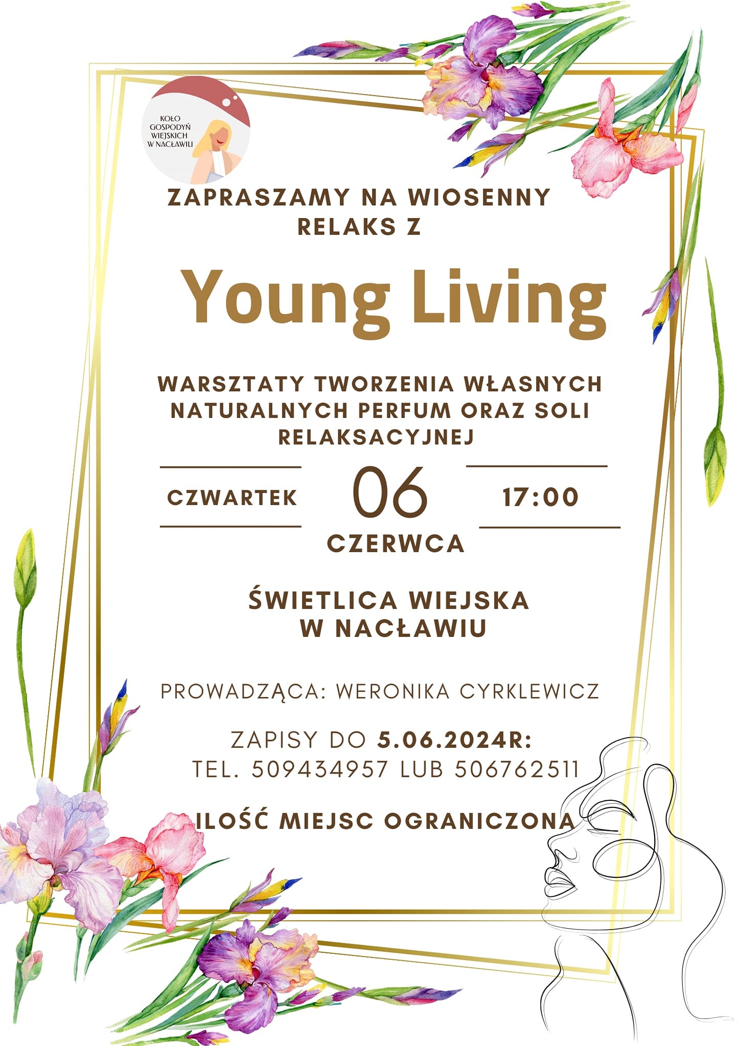 Plakat z zaproszeniem na wiosenny relaks warsztaty tworzenia własnych naturalnych perfum oraz soli relaksacyjnej 6 czerwca 2024 Nacław