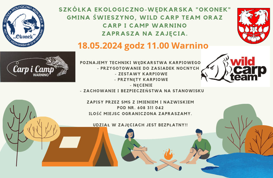 Plakat z zaproszeniem na zajęcia z techniki wędkarstwa karpiowego 18 maja 2024 w Warninie
