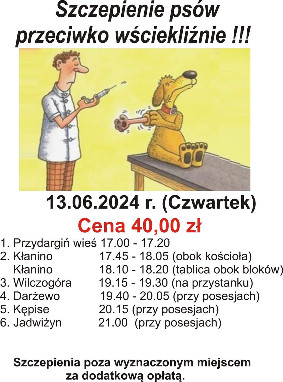 Plakat z informacją szczepienie psów przeciw wściekliźnie na terenie gminy Bobolice 13 czerwca 2024