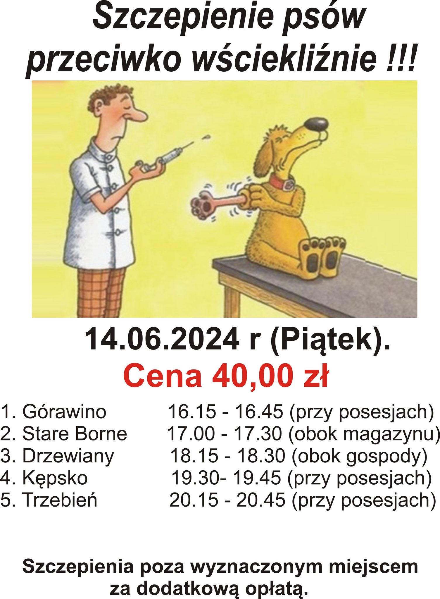 Plakat z informacją szczepienie psów przeciw wściekliźnie na terenie gminy Bobolice 14 czerwca 2024