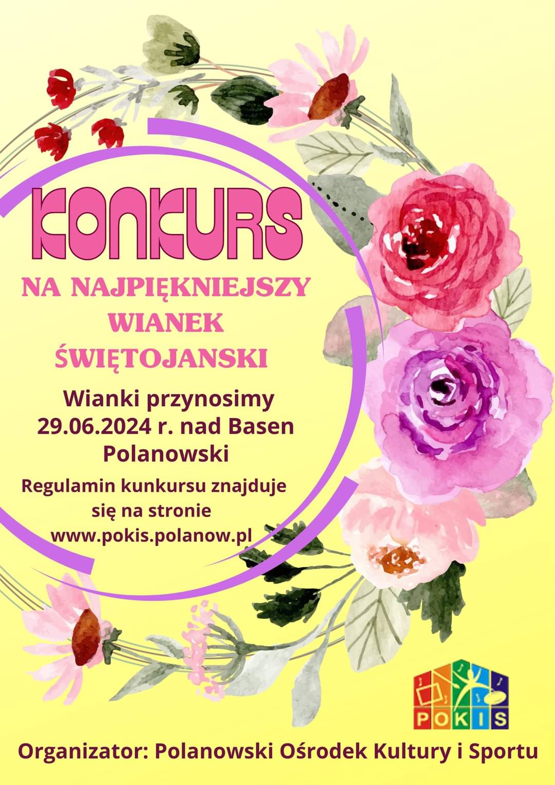 Plakat z zaproszeniem do udziału w konkursie na najpiękniejszy wianek świętojański organizowany przez POKiS w Polanowie