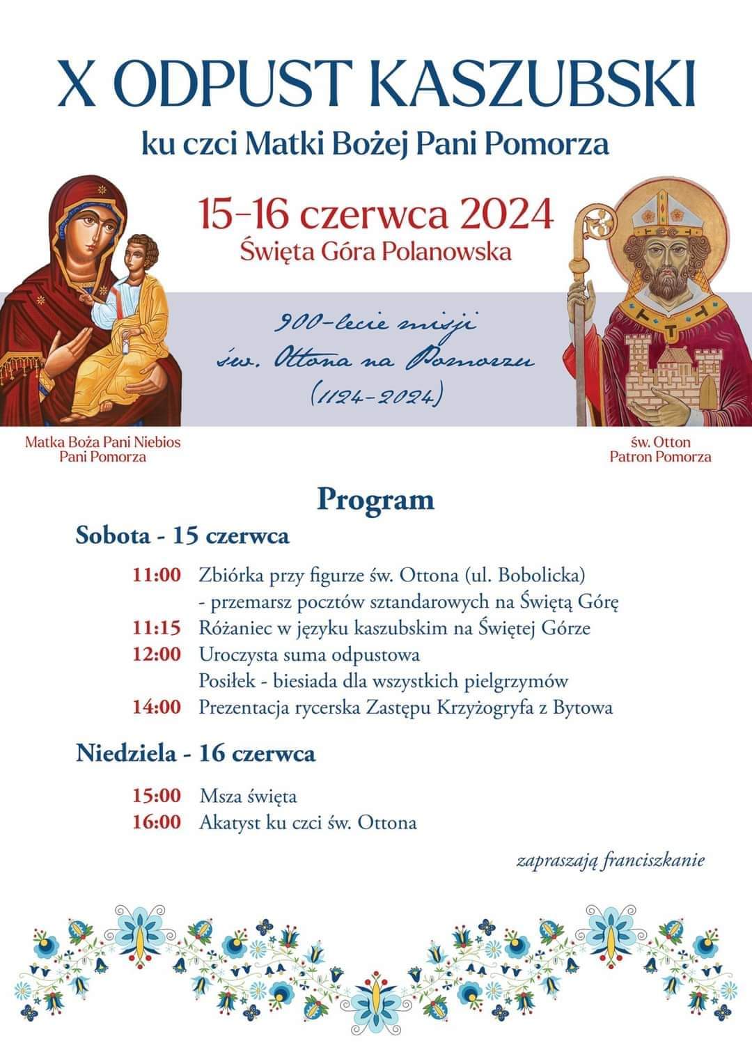 Plakat z zaproszeniem na 10 odpust kaszubski w dniach 15 i 16 czerwca 2024 w Polanowie