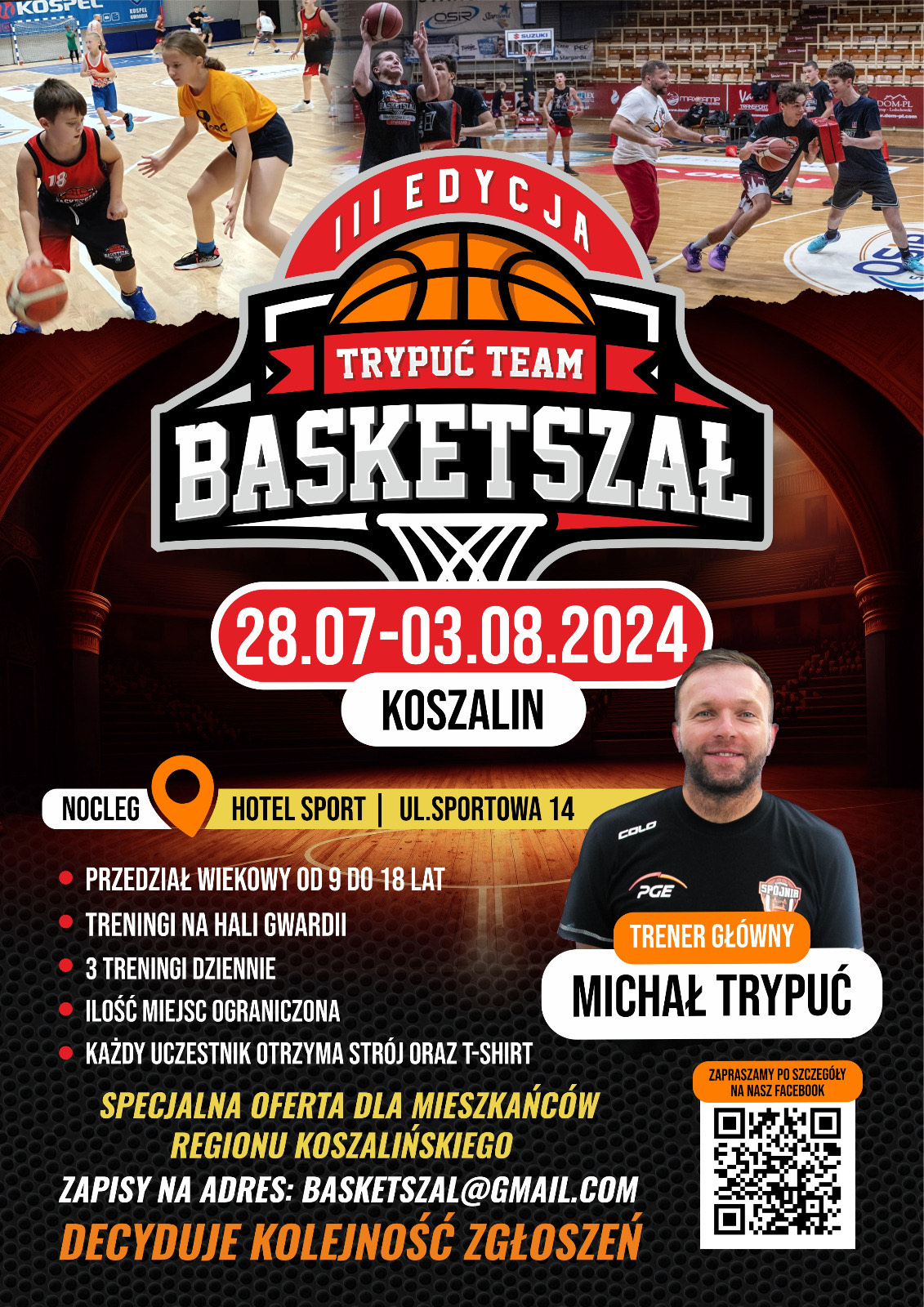 Plakat z zaproszeniem na Basketszał Trypuć Team 28 lipca do 3 sierpnia Koszalin