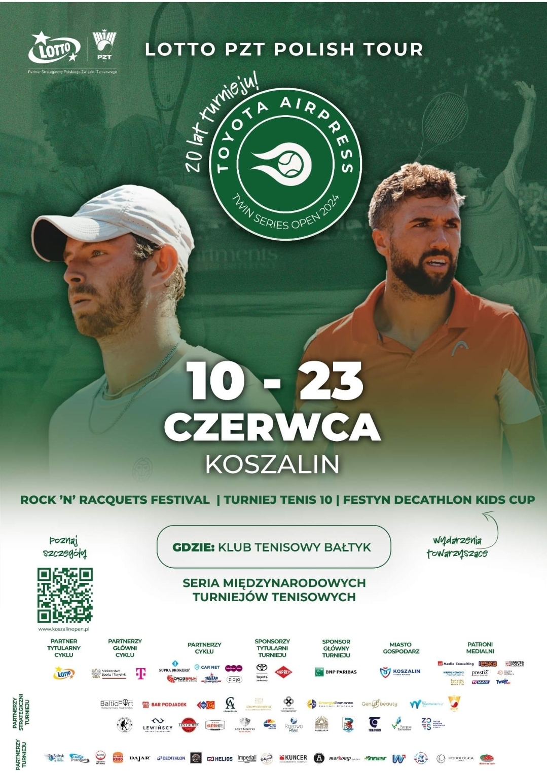 Plakat z zaproszeniem na Lotto PZT Polish Tour 20 lecie turnieju tenisa od 10 do 23 czerwca 2024