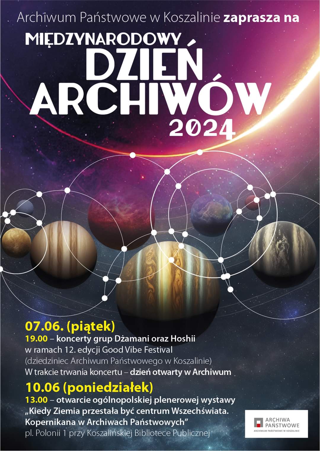 Plakat z zaproszeniem na Międzynarodowy Dzień Archiwów 2024 7 i 10 czerwca 2024