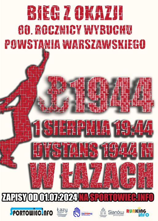 Plakat z zaproszeniem na bieg z okazji 80. rocznicy wybuchu Powstania Warszawskiego 1 sierpnia 2024 Łazy