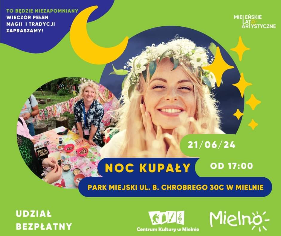 Plakat z zaproszeniem na noc kupały w Mielnie 21 czerwca 2024