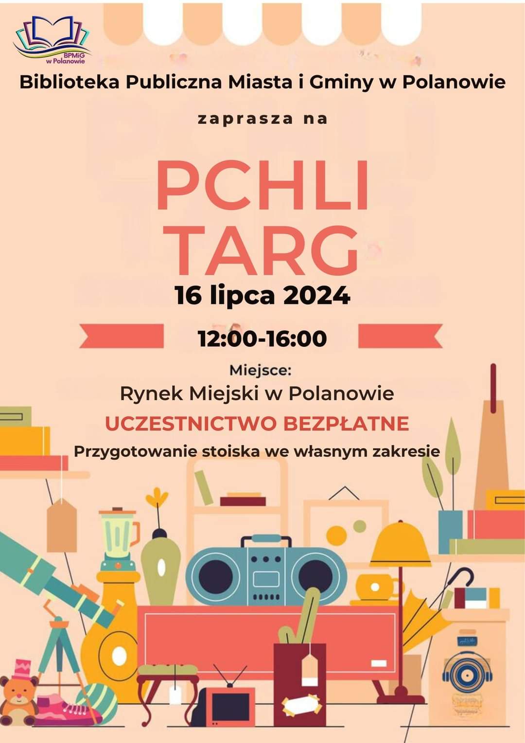 Plakat z zaproszeniem na pchli targ w Polanowie 16 lipca 2024