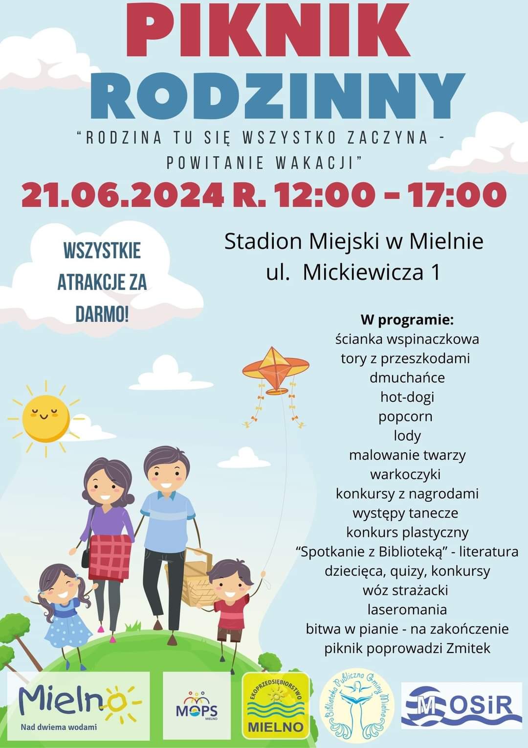 Plakat z zaproszeniem na piknik rodzinny w Mielnie 21 czerwca 2024