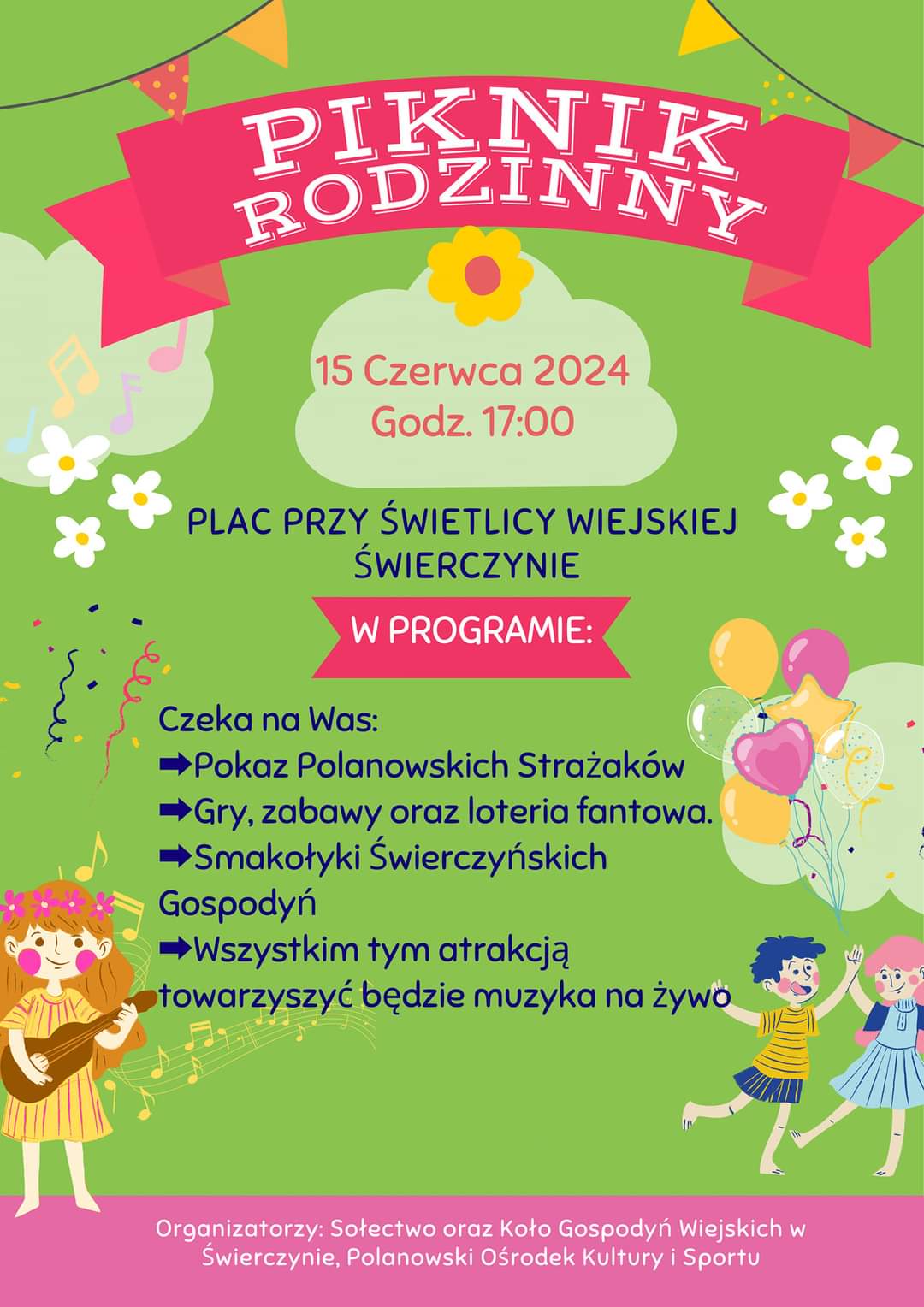 Plakat z zaproszeniem na piknik rodzinny w Świerczynie 15 czerwca 2024