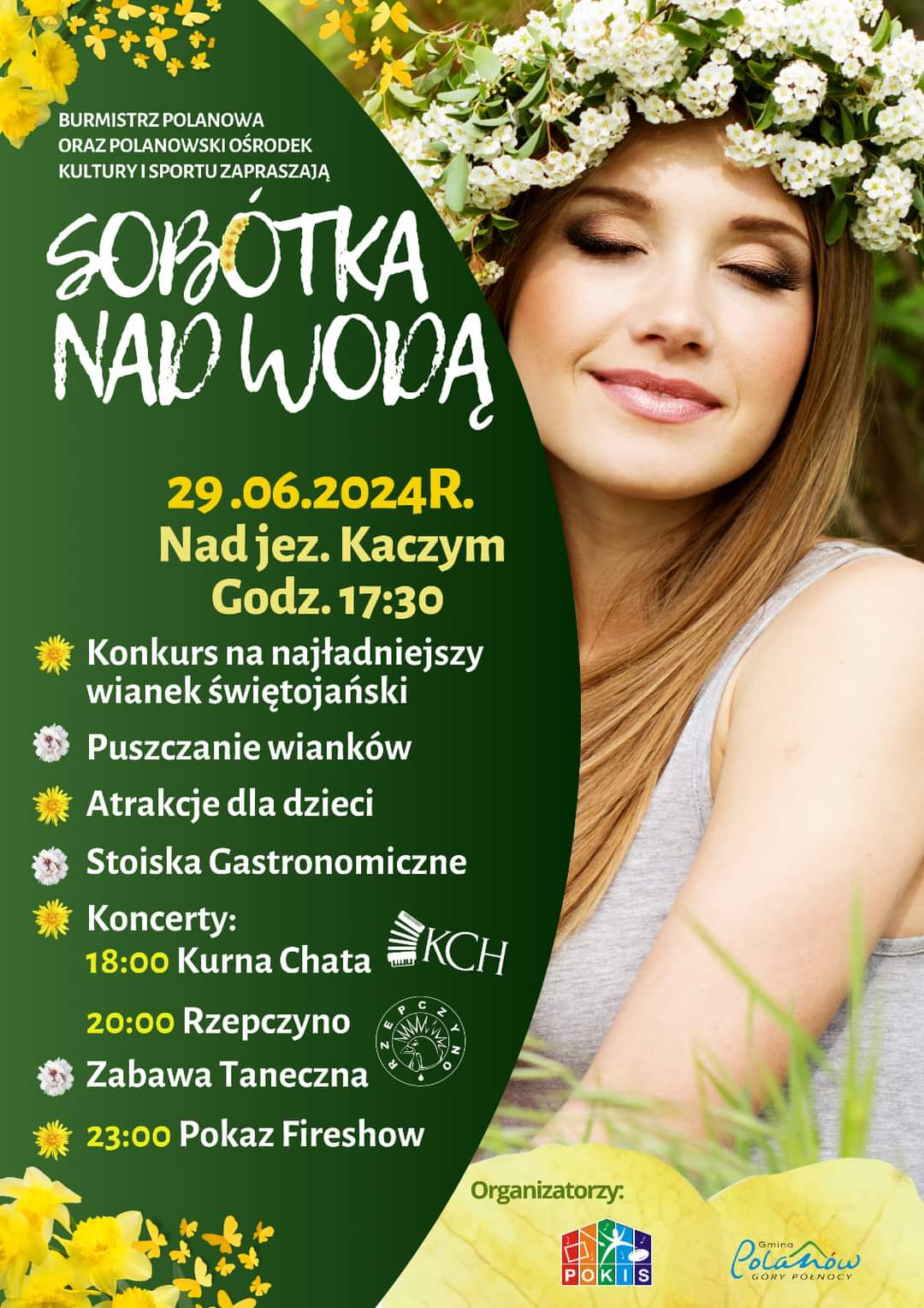 Plakat z zaproszeniem na sobótkę nad wodą w Polanowie 29 czerwca 2024