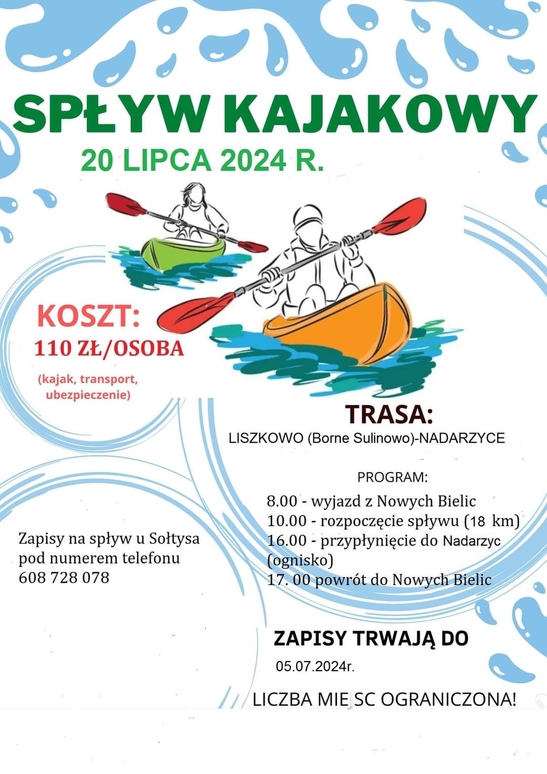 Plakat z zaproszeniem na spływ kajakowy wyjazd z Nowych Bielic do Liszkowa 20 lipca 2024