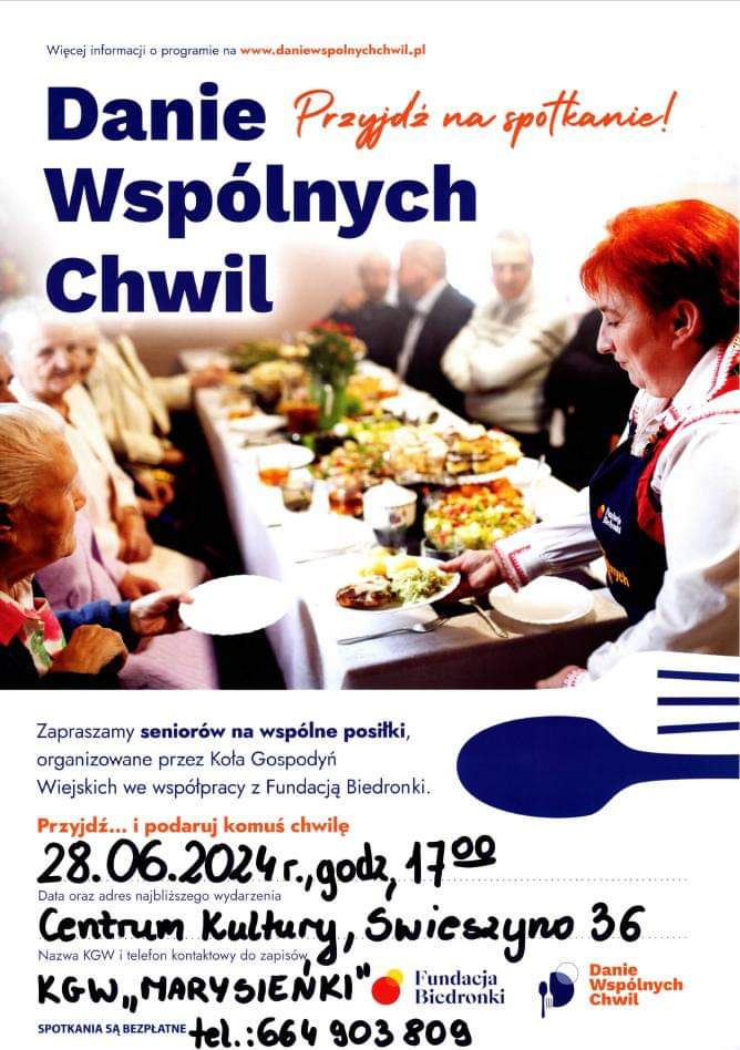 Plakat z zaproszeniem na spotkanie z seniorami w Świeszynie 28 czerwca 2024