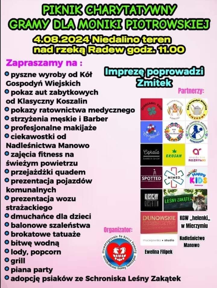 Plakat z zaproszeniem do udziału w pikniku charytatywnym w Niedalinie 4 sierpnia 2024