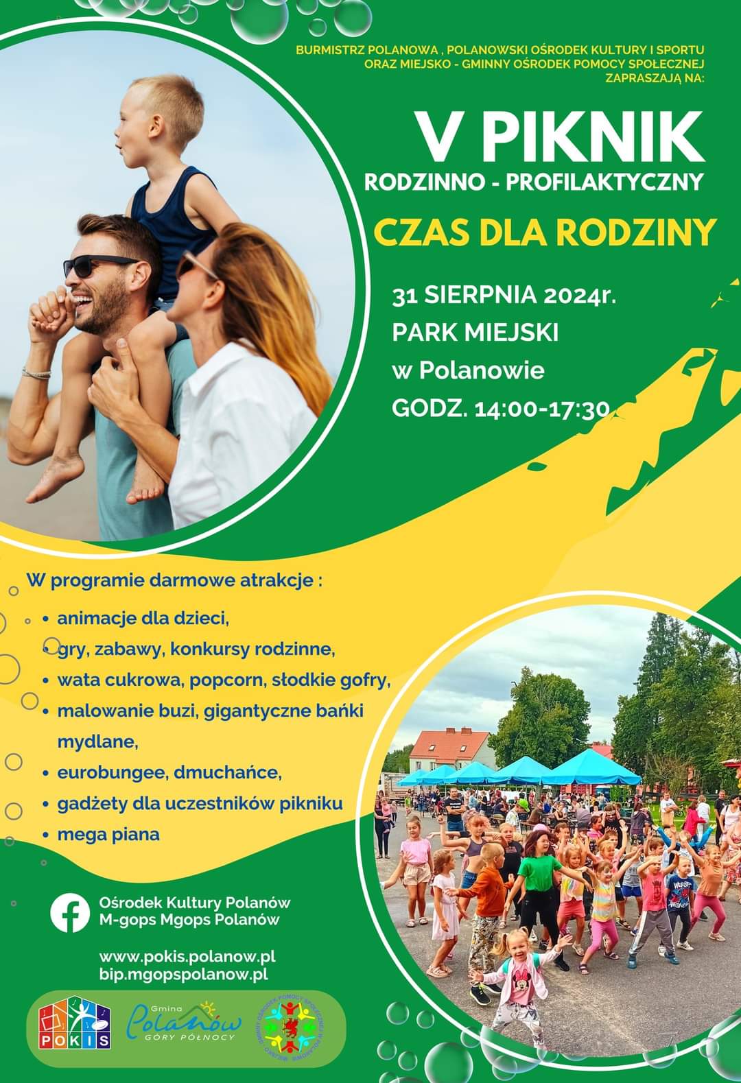 Plakat z zaproszeniem na 5. piknik rodzinno - profilaktyczny w Polanowie 31 sierpnia 2024