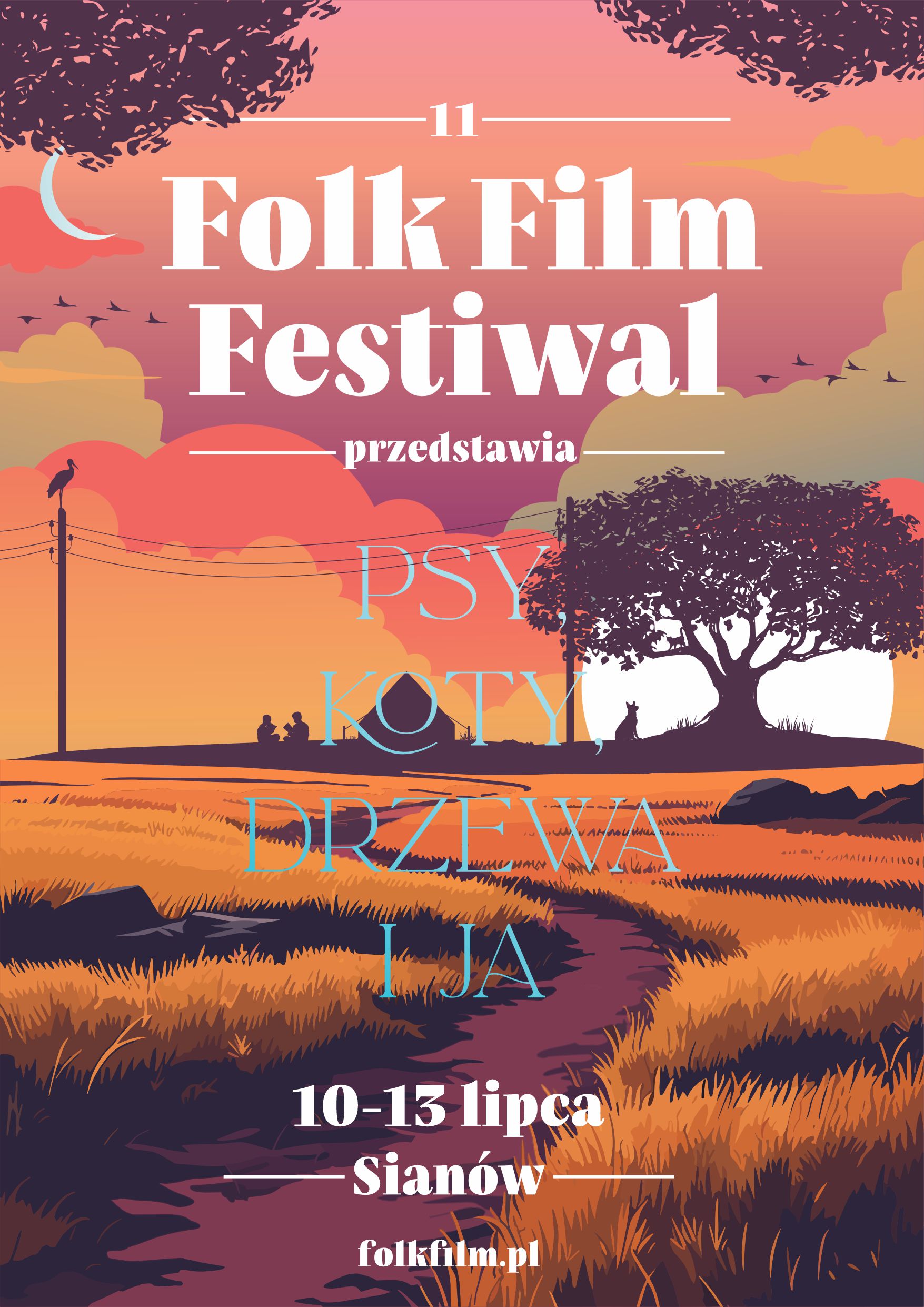 Plakat z zaproszeniem na Folk Film Festiwal 10 do 13 lipca 2024 w Sianowie