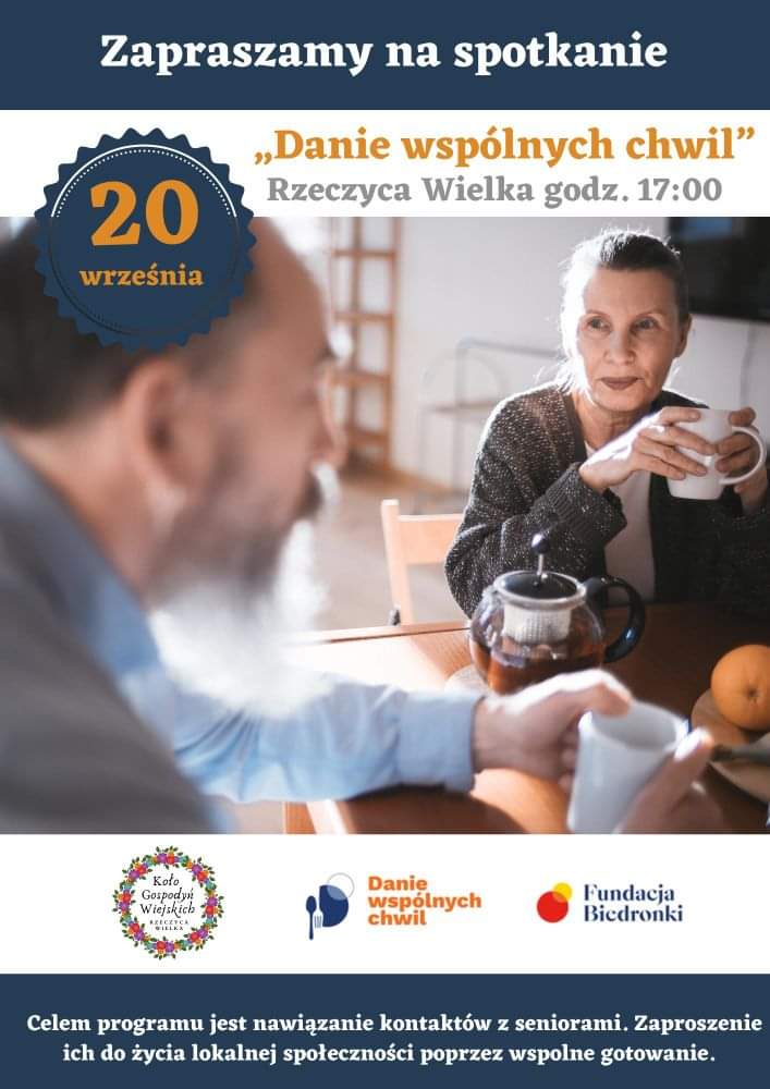 Plakat z informacja o akcji pod nazwą Danie wspólnych chwil w Rzeczycy Wielkiej 20 września 2024