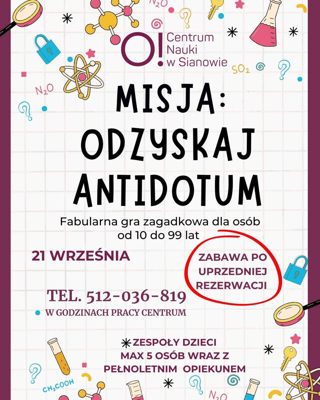 Plakat z zaproszeniem do udziału w grze zagatkowej 21 września 2024 Sianów