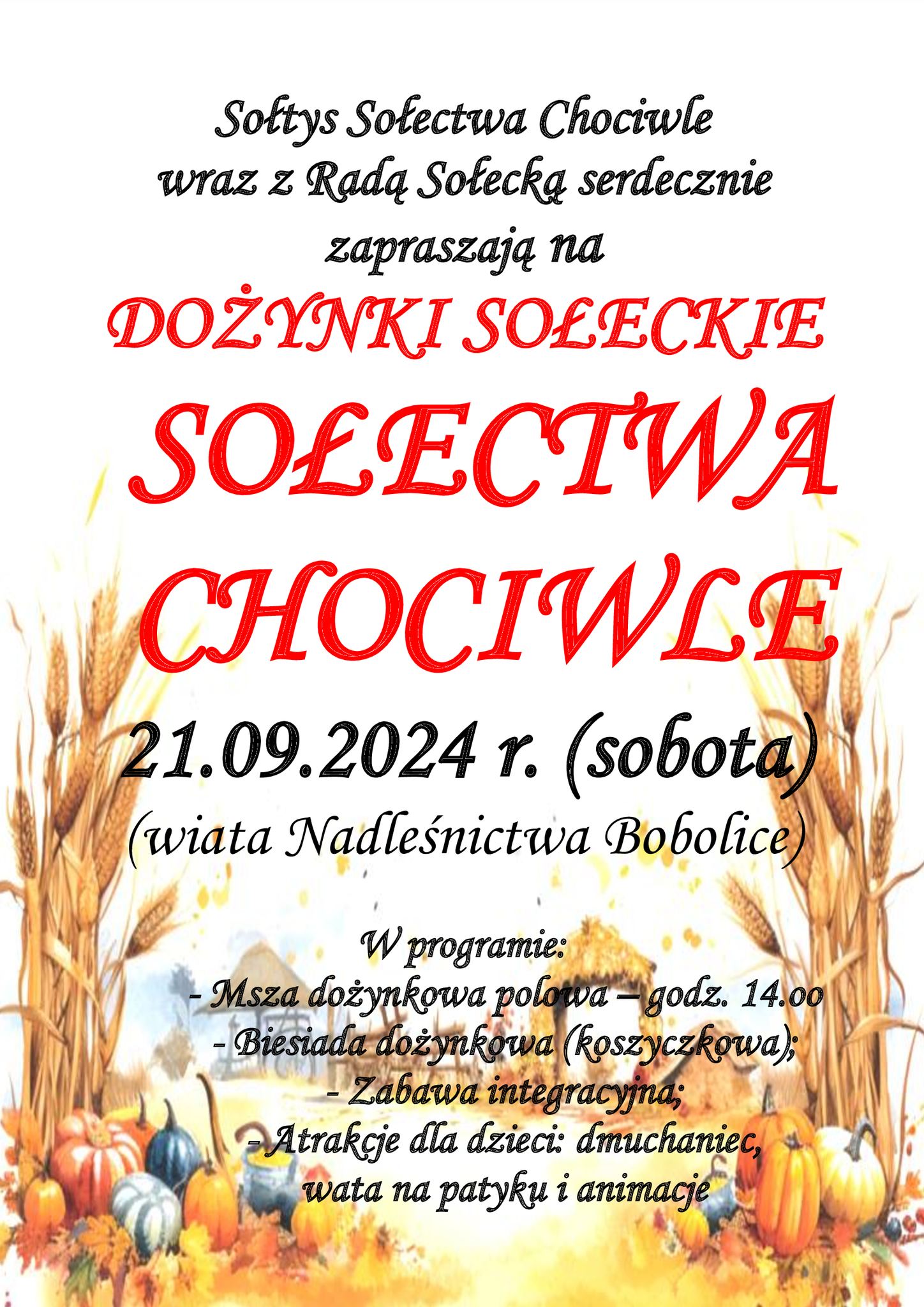 Plakat z zaproszeniem na dożynki sołeckie Sołectwa Chociwle 21 września 2024