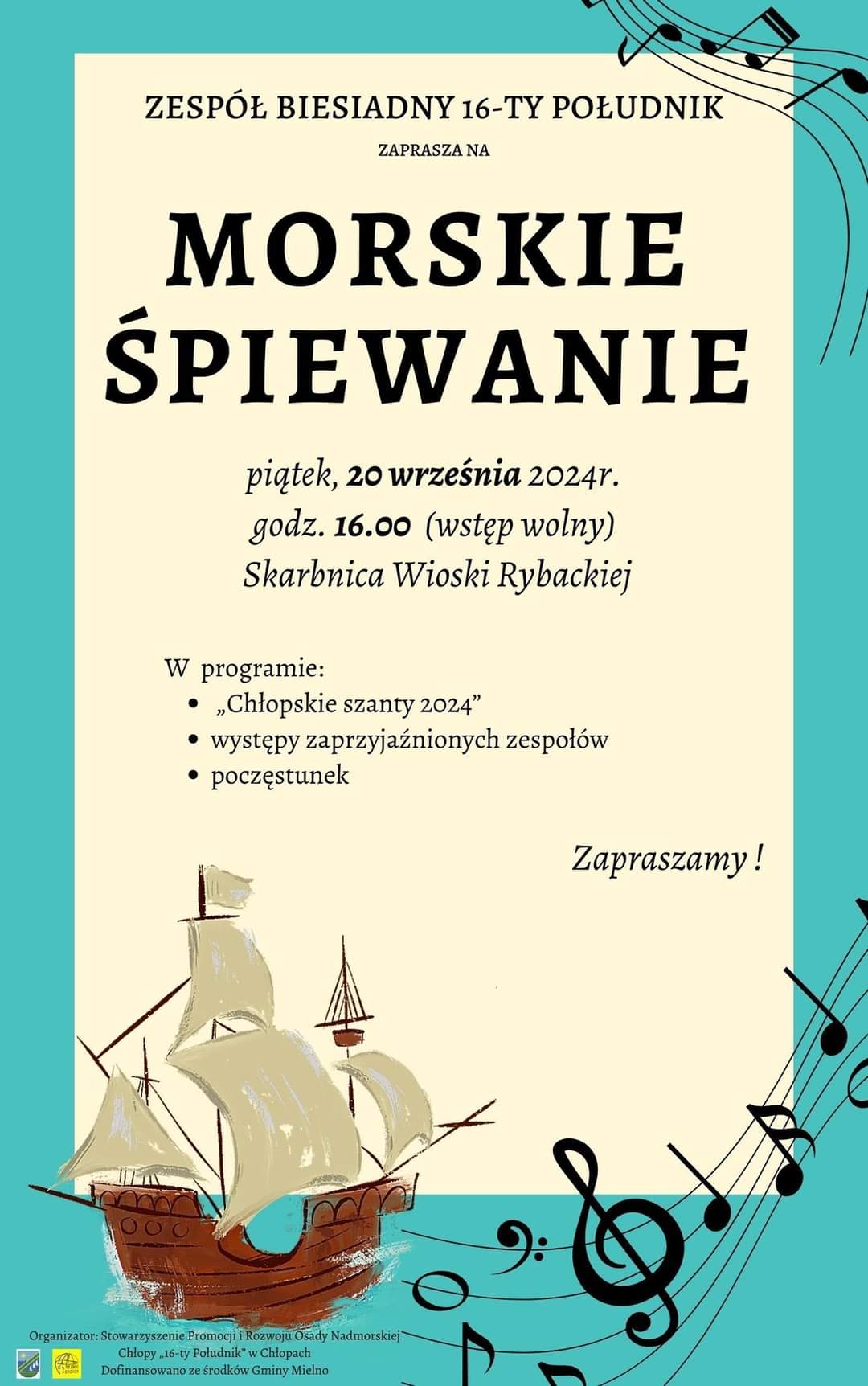 Plakat z zaproszeniem na morskie śpiewanie w Chłopach 20 września 2024 r.