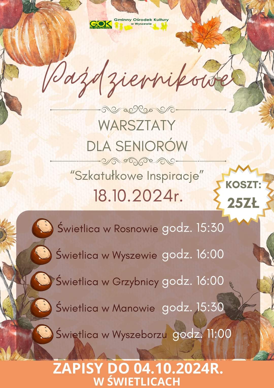 Plakat z zaproszeniem na październikowe warsztaty dla seniorów na terenie gminy Manowo 18 październik 2024