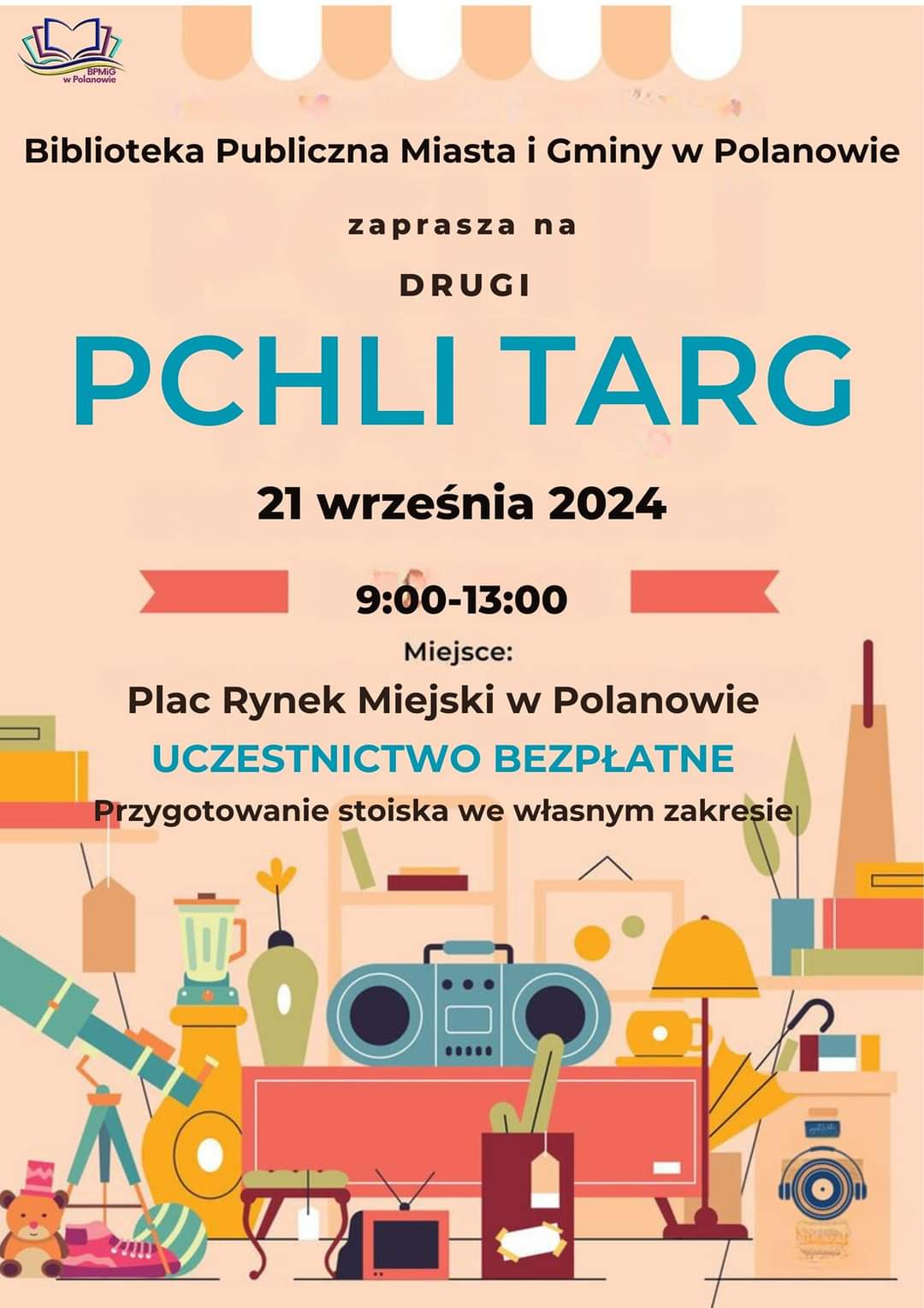 Plakat z zaproszeniem na pchli targ w Polanowie 21 września 2024